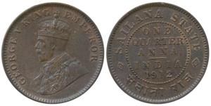 Jaswant Singh, George V, Copper ¼ Anna, 1912. Uncirculated, Rare.