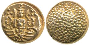 Negapatnam Gold Pagoda, 3.38g, Lazy J with Lord Vishnu standing, facing front on obv., gra