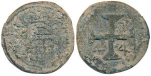 Diu, John V (1706-1750 AD), Lead 20 Bazarucos, 19.03g, 1744 AD, obv. crowned arms, rev. da