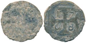 Diu, Jose (1750-1777 AD), Lead 20 Bazarucos, 12.73g, 1768 AD, obv. crowned arms, rev. date