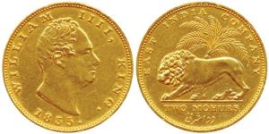 William IV, Gold Proof Restrike 2 Mohurs, 1835, Calcutta Mint, R. S. initials incused on t