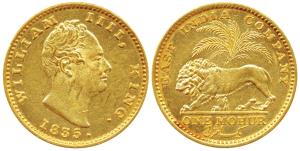 William IV, Gold Mohur, 1835, Calcutta Mint, no initials / plain truncation, dot after dat