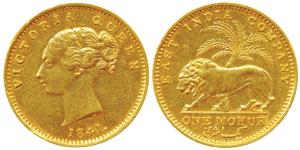 Victoria Queen, Gold Mohur, 1841, Continuous legend, ’S’ incuse on truncation for Madras M