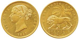 Victoria Queen, Gold Mohur, 1841, Calcutta/Bombay Mint, Divided legend, WW incused on trun