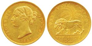 Victoria Queen, Gold Mohur, 1841, Calcutta/Bombay Mint, Divided legend, WW incused on trun