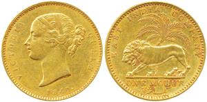 Victoria Queen, Gold Mohur, 1841, Calcutta/Bombay Mint, Divided legend, WW incused on trun