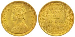 Victoria Queen, Gold Mohur, 1862, obv. single flower in bottom panel of jabot, without V i