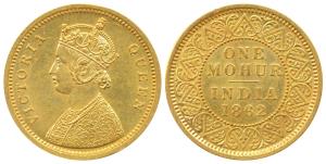 Victoria Queen, Gold Mohur, 1862, obv. single flower in bottom panel of jabot, without V i