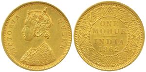 Victoria Queen, Gold Mohur, 1862, obv. single flower in bottom panel of jabot, V in relief
