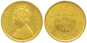 Victoria Queen, Gold Mohur, 1862, obv. single flower in bottom panel of jabot, without V i