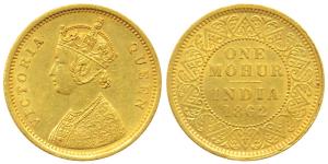 Victoria Queen, Gold Mohur, 1862, obv. single flower in bottom panel of jabot, V in relief