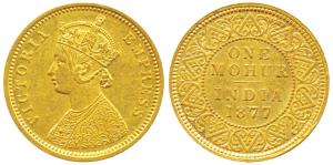 Victoria Empress, Gold Mohur, 1877, obv. two flowers in bottom panel of jabot and V in rel