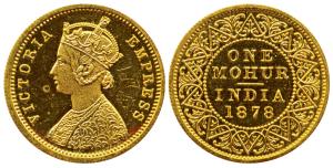 Victoria Empress, Gold Proof Restrike Mohur, 1878, obv. two flowers in bottom panel of jab