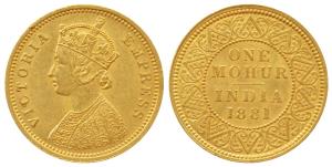 Victoria Queen, Gold Mohur, 1881, obv. two flowers in bottom panel of jabot and V in relie