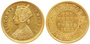Victoria Empress, Gold Mohur, 1882, Calcutta Mint, obv. two flowers in bottom panel of jab