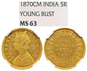 Victoria Queen, Gold Proof Restrike Rupees 5, 1870, Young Bust, Calcutta Mint, C.M raised 