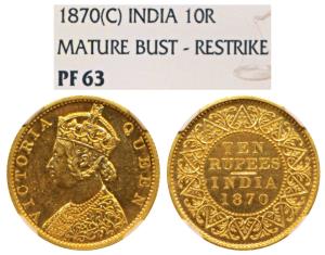 Victoria Queen, Gold Rupees 10, 1870, Mature Bust (Prid 29). Proof Restrike, Graded by NGC