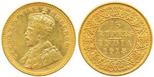 George V, Gold 15 Rupees, 1918, Bombay Mint, (Prid 25, KM 525). Very Fine+, Rare.