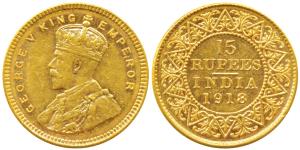 George V, Gold 15 Rupees, 1918, Bombay Mint, (Prid 25, KM 525). Very Fine+, Rare.