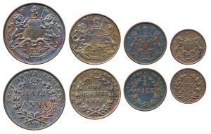 Copper ½, ¼, 1/12 Anna and ½ Pice, 1835 and 1853. The first two About Extremely Fine, the 