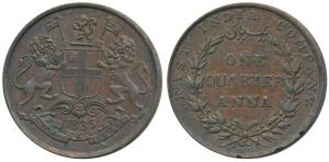 Copper ¼ Anna, 1835, Madras Mint, 18 Berries (9 L+9 R), slanting top of numeral ’1’ in dat