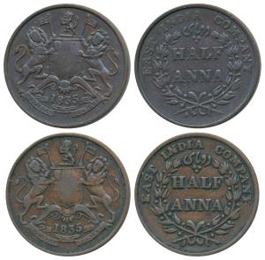 Copper ½ Anna (2), 1835, Madras Mint, ’A’ in India raised above, Unlisted in Pridmore. Ver