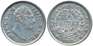 William IV, Silver ¼ Rupee, 1835, Calcutta Mint, F raised, Wreath with 18 Berries (10L+8R)
