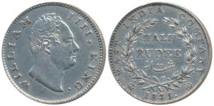 William IV, Silver ½ Rupee, 1835, Calcutta Mint, F incuse, 20 Berries, (Prid 69). About Ex