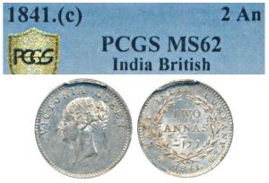 Victoria Queen, Silver 2 Annas, 1841, continuous legend, Calcutta Mint, English Head, Cres