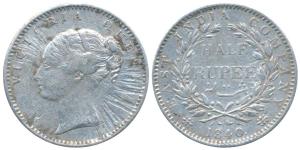 Victoria Queen, Silver ½ Rupee, 1840, continuous legend, Sunburst Error. Very Fine, Rare.