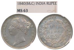 Victoria Queen, Silver Rupee, 1840, Divided legend. Graded by NGC MS63.
