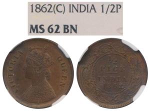 Victoria Queen, Copper ½ Pice, 1862, Calcutta Mint (Prid 711). Graded by NGC MS62BN.