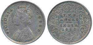 Victoria Queen, Silver 2 Annas, 1862, Calcutta Mint, No Mint mark, top three petals of the