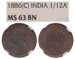 Victoria Empress, Copper 1/12 Anna, 1886, Calcutta Mint (Prid 791). Graded by NGC MS63BN.
