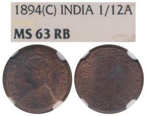Victoria Empress, Copper 1/12 Anna, 1894, Calcutta Mint (Prid 799). Graded by NGC MS63RB.
