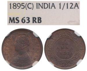 Victoria Empress, Copper 1/12 Anna, 1895, Calcutta Mint (Prid 800). Graded by NGC MS63RB.