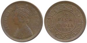 Victoria Empress, Copper ½ Pice, 1892, Calcutta Mint (Prid 725). Uncirculated.
