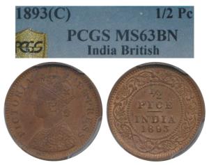 Victoria Empress, Copper ½ Pice, 1893, Calcutta Mint (Prid 726). Graded by PCGS MS63BN.