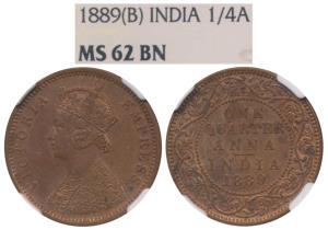 Victoria Empress, Copper ¼ Anna, 1889, Bombay Mint (Prid 644). Graded by NGC MS62BN, Rare.