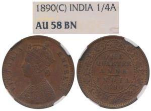 Victoria Empress, Copper ¼ Anna, 1890, Calcutta Mint (Prid 623). Graded by NGC AU58BN.