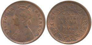 Victoria Empress, Copper ¼ Anna, 1892, Calcutta Mint (Prid 625). About Uncirculated.