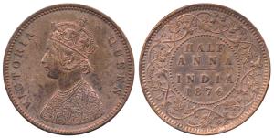 Victoria Queen, Copper ½ Anna, 1876, Calcutta Mint, Bust B, 4 panels to the jabot with tin