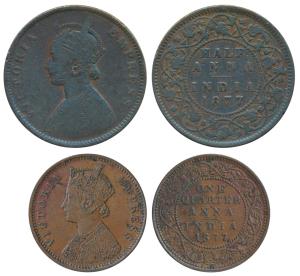 Victoria Empress, Copper ½ & ¼ Anna, 1877. About Very Fine and Very Fine+. (2)