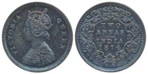 Victoria Queen, Silver 2 Annas, 1874, Bombay Mint, A / I / dot, Unlisted in Pridmore, (SW 