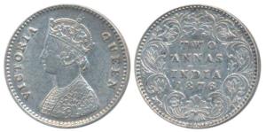 Victoria Queen, Silver 2 Annas, 1876, Calcutta Mint, A / I / No mint mark (Prid 490). Very