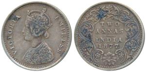 Victoria Empress, Silver 2 Annas, 1877, Bombay Mint, A / I / dot, (Prid 520). Very Fine+.