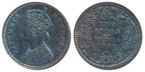 Victoria Empress, Silver 2 Annas, 1880, Calcutta Mint, B / II / C incuse, (Prid 495). Extr