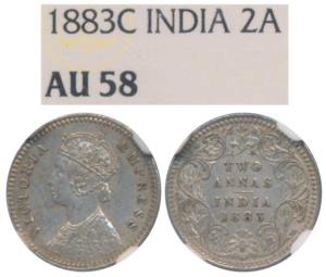 Victoria Empress, Silver 2 Annas, 1883, Calcutta Mint, B / II / C incuse, (Prid 498). Grad