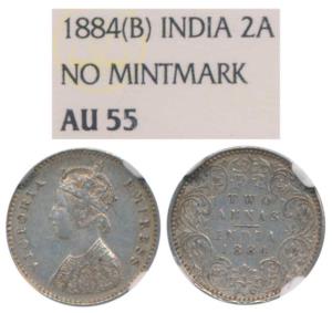 Victoria Empress, Silver 2 Annas, 1884, Bombay Mint, A / I / No mint mark, (Prid 531). Gra