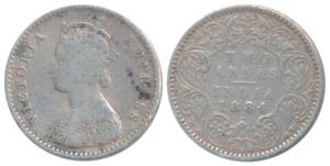Victoria Empress, Silver 2 Annas, 1884, Bombay Mint, A / I / dot, (Prid 532). Fine+, Rare.